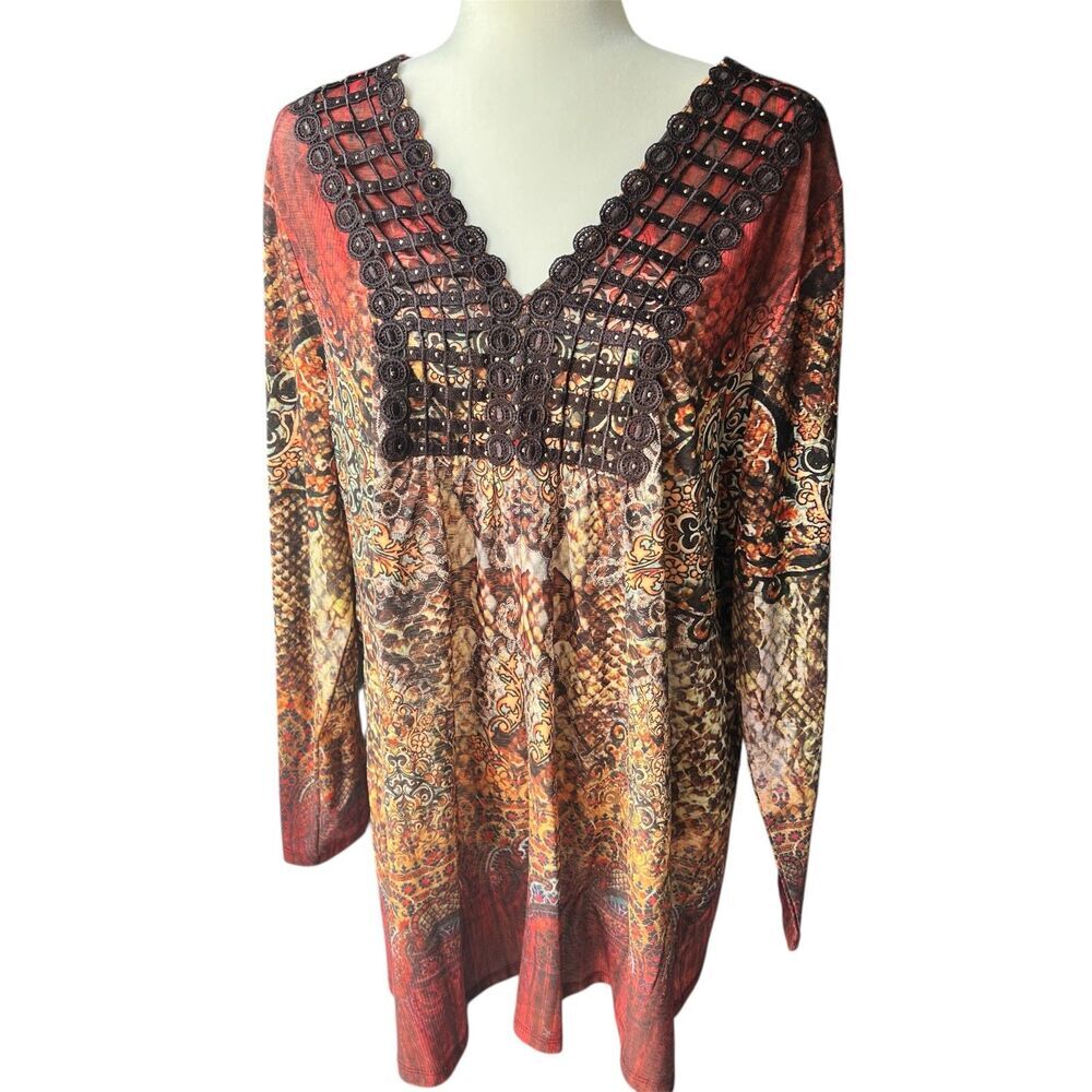 OneWorld‎ Top Womens sz XXL 2X Embroidered Boho Hippie Peasant blouse